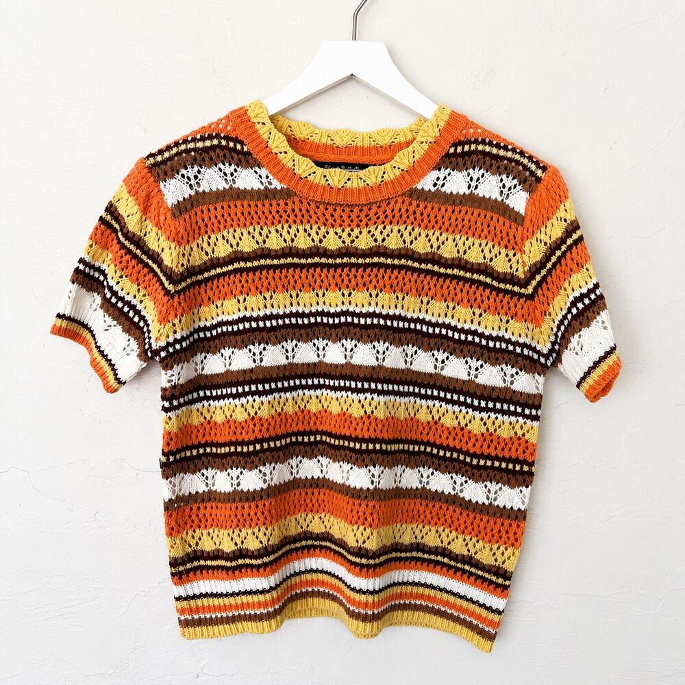Strut & Bolt 70s Groovy Orange Striped Open Knit Crochet Sweater Top L